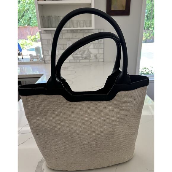 NWT Rachel Zoe Natural Cream with Black Leather Tote Bag Top Handle Purse - Picture 3 of 6